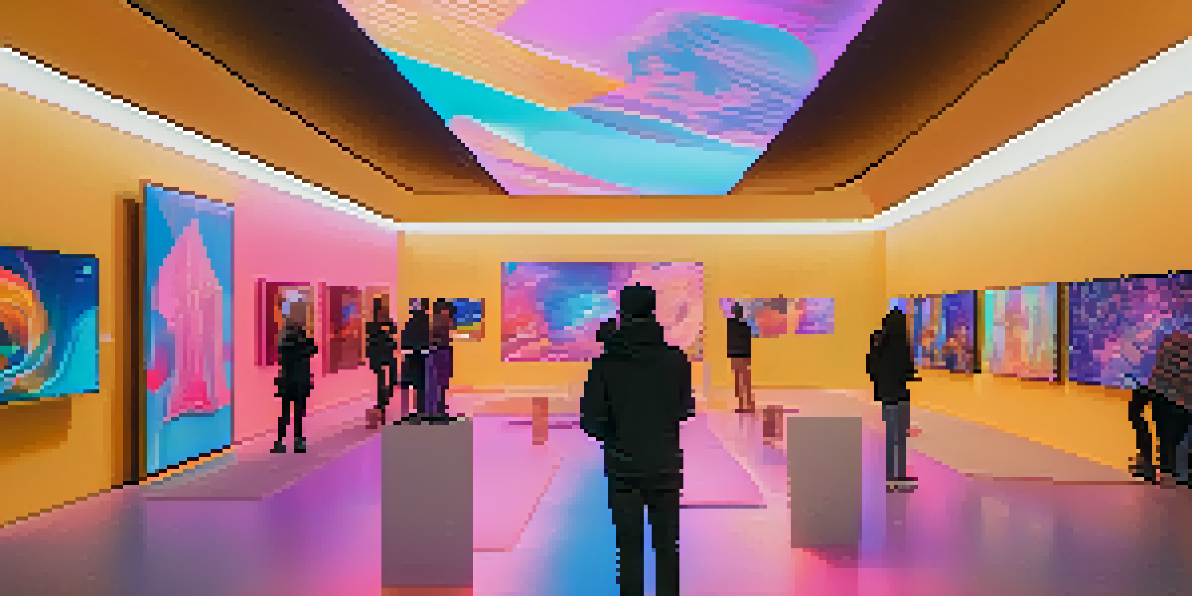 A modern digital art gallery filled with people admiring colorful NFT artworks displayed on screens, illuminated by soft ambient lighting.