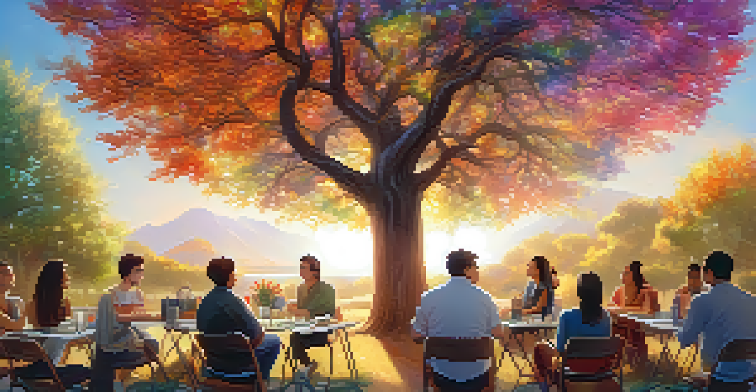 A serene landscape with a digital tree symbolizing community growth, adorned with colorful NFTs and people gathering under warm sunlight.