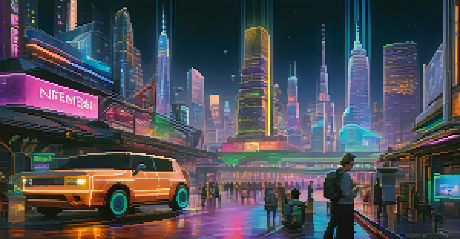 A futuristic cityscape illuminated by neon lights, featuring buildings with holographic NFTs and flying drones.