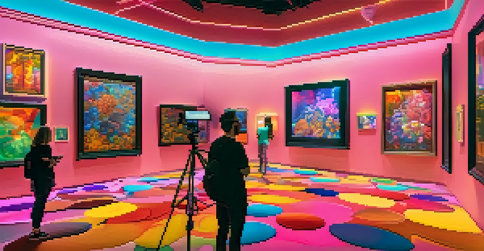 A digital art gallery filled with colorful NFTs displayed on screens, with artists engaging with viewers through social media.