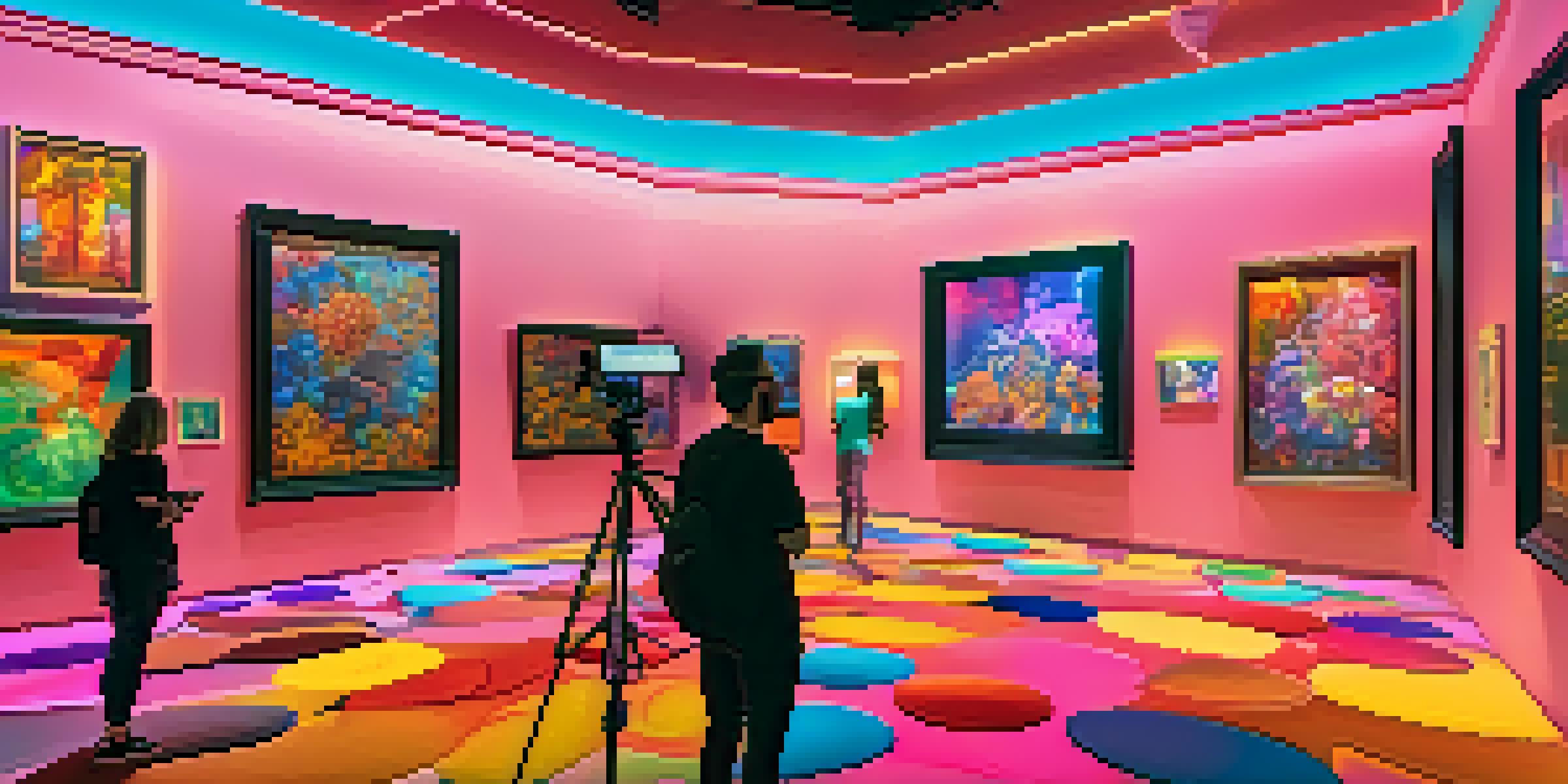 A digital art gallery filled with colorful NFTs displayed on screens, with artists engaging with viewers through social media.