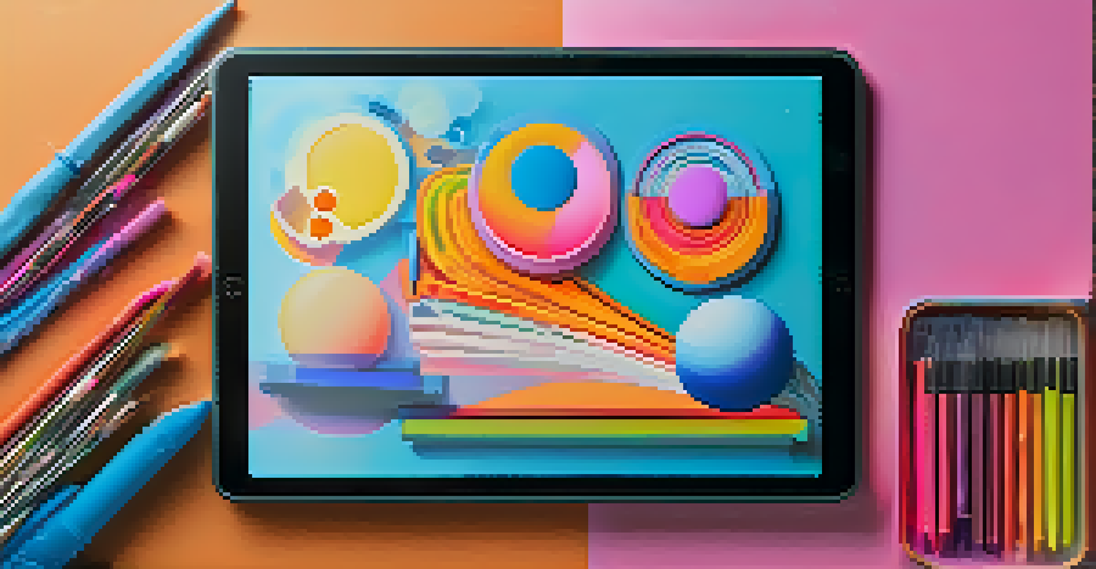 A close-up of a digital tablet displaying a colorful NFT artwork in a modern workspace.