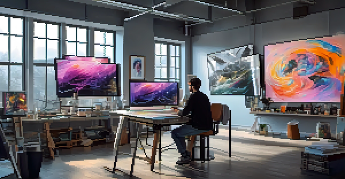 An artist's studio with a digital canvas displaying NFT art, modern technology, and natural light illuminating the space.
