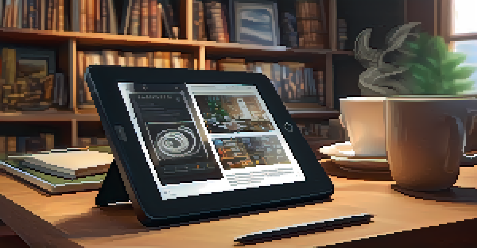 A close-up of a digital tablet displaying artwork in a cozy workspace with a cup of coffee.
