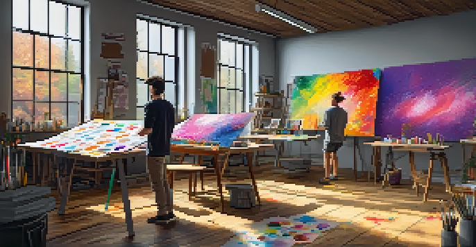 A digital artist working in a colorful studio filled with canvases and art supplies, with natural light streaming through large windows.