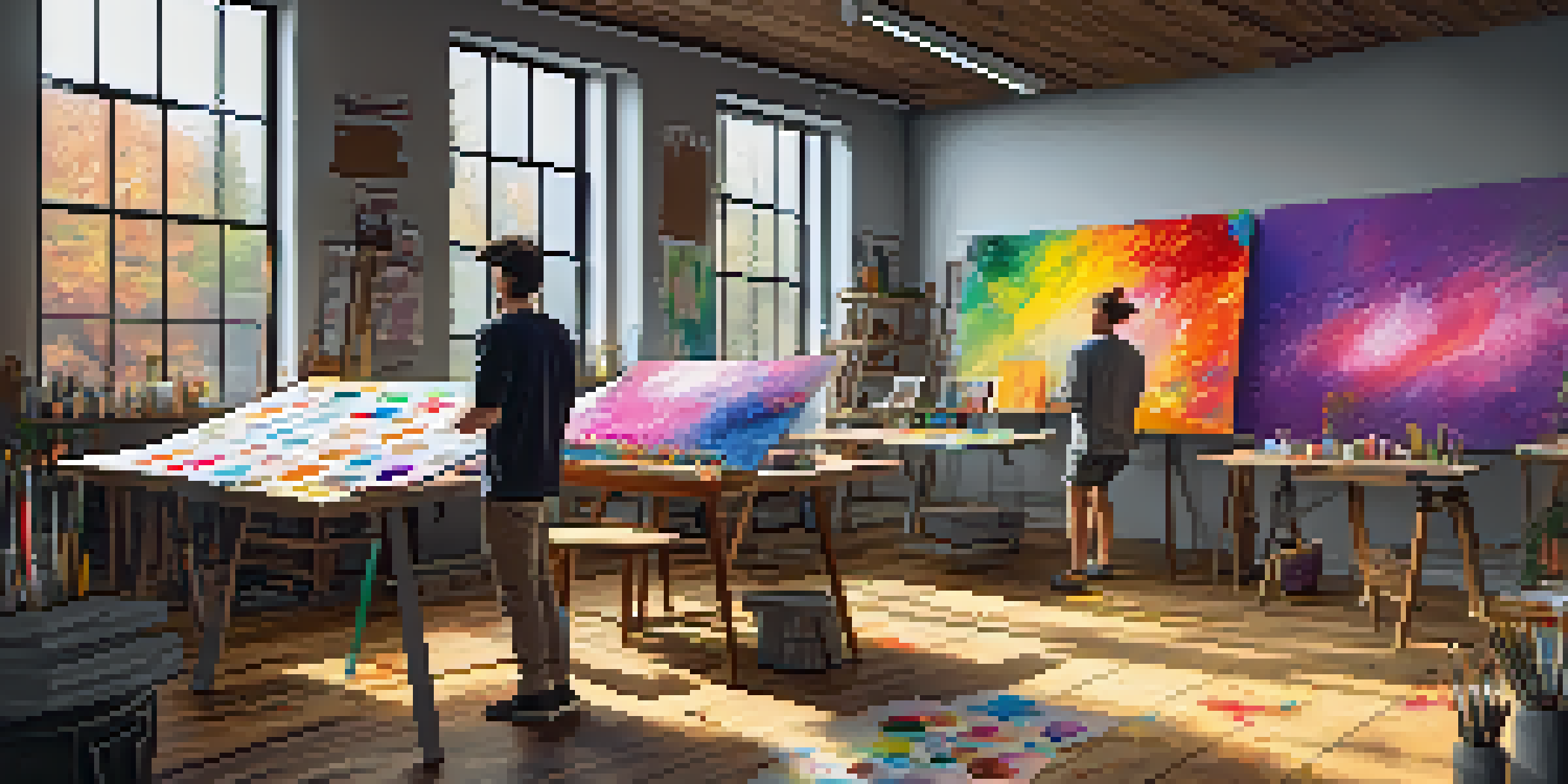 A digital artist working in a colorful studio filled with canvases and art supplies, with natural light streaming through large windows.