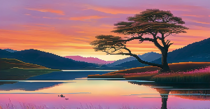 A digital painting of a sunset landscape with rolling hills, a lake, and a tree silhouette.