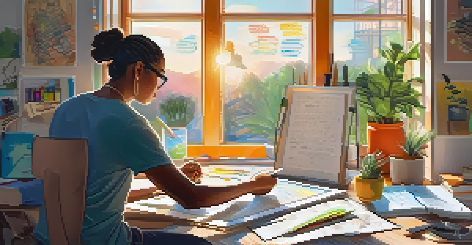An artist focused on a digital tablet with sketches and notes about NFTs and copyright, illuminated by natural light.