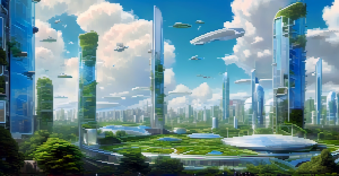 A futuristic city powered by renewable energy, showcasing buildings with solar panels and vertical gardens, with diverse people interacting with digital art displays.
