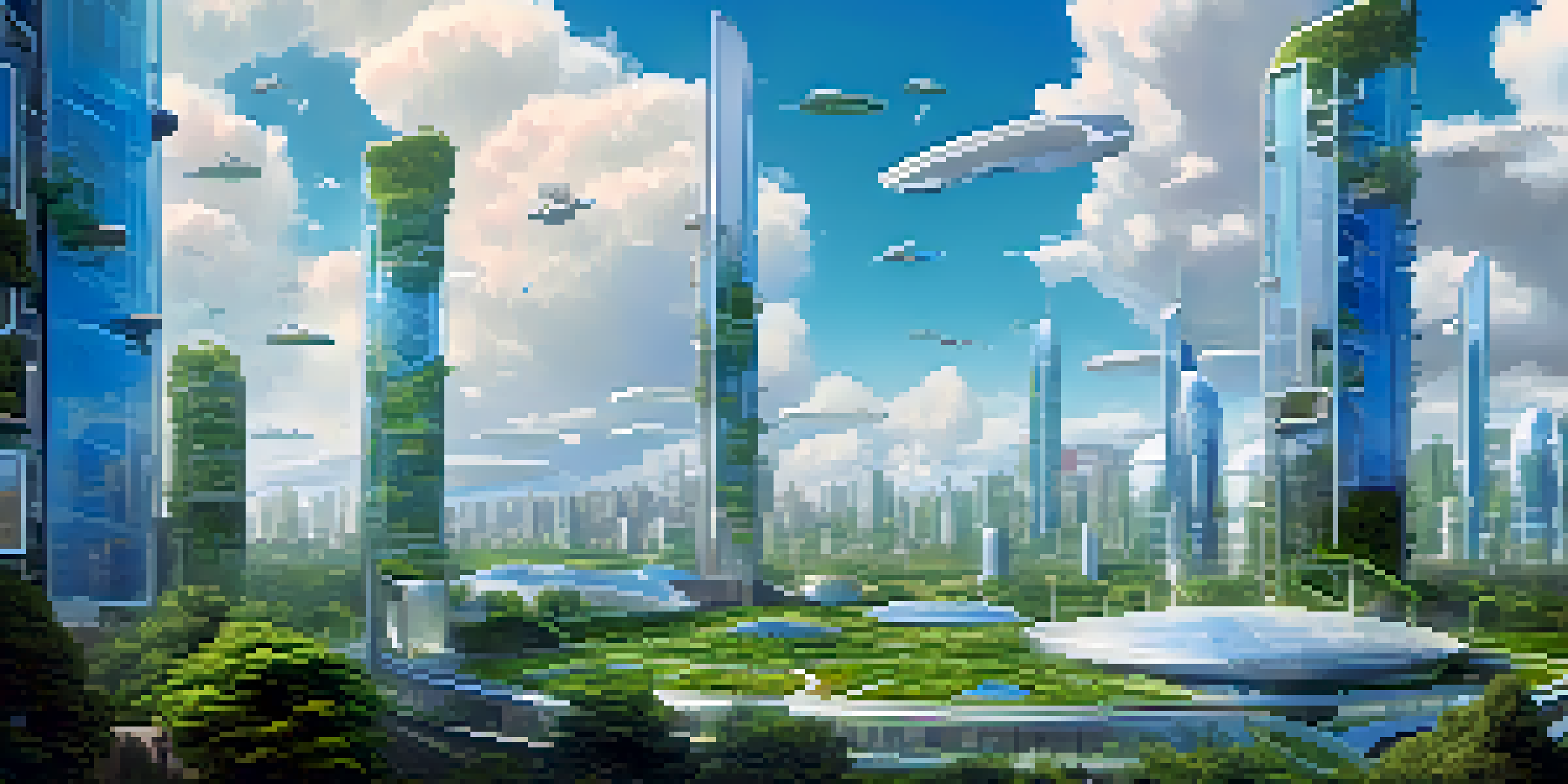 A futuristic city powered by renewable energy, showcasing buildings with solar panels and vertical gardens, with diverse people interacting with digital art displays.