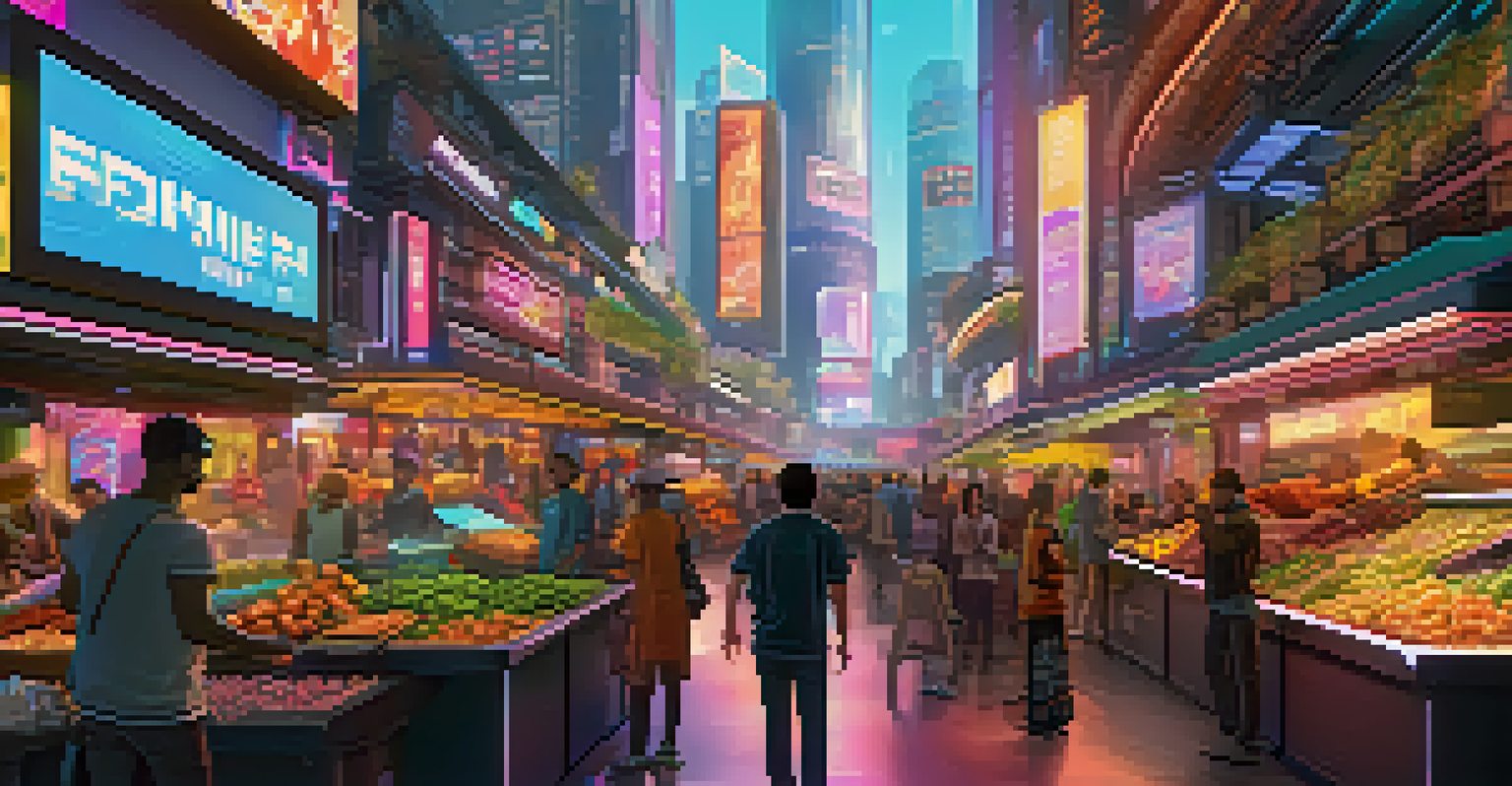 A busy virtual reality marketplace where players trade NFTs, with digital kiosks and a vibrant cityscape in the background.