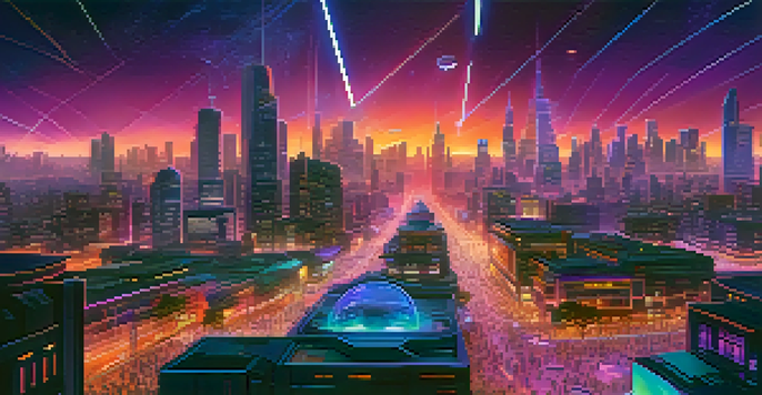 A futuristic cityscape with neon lights and diverse people interacting with holographic NFTs at dusk.
