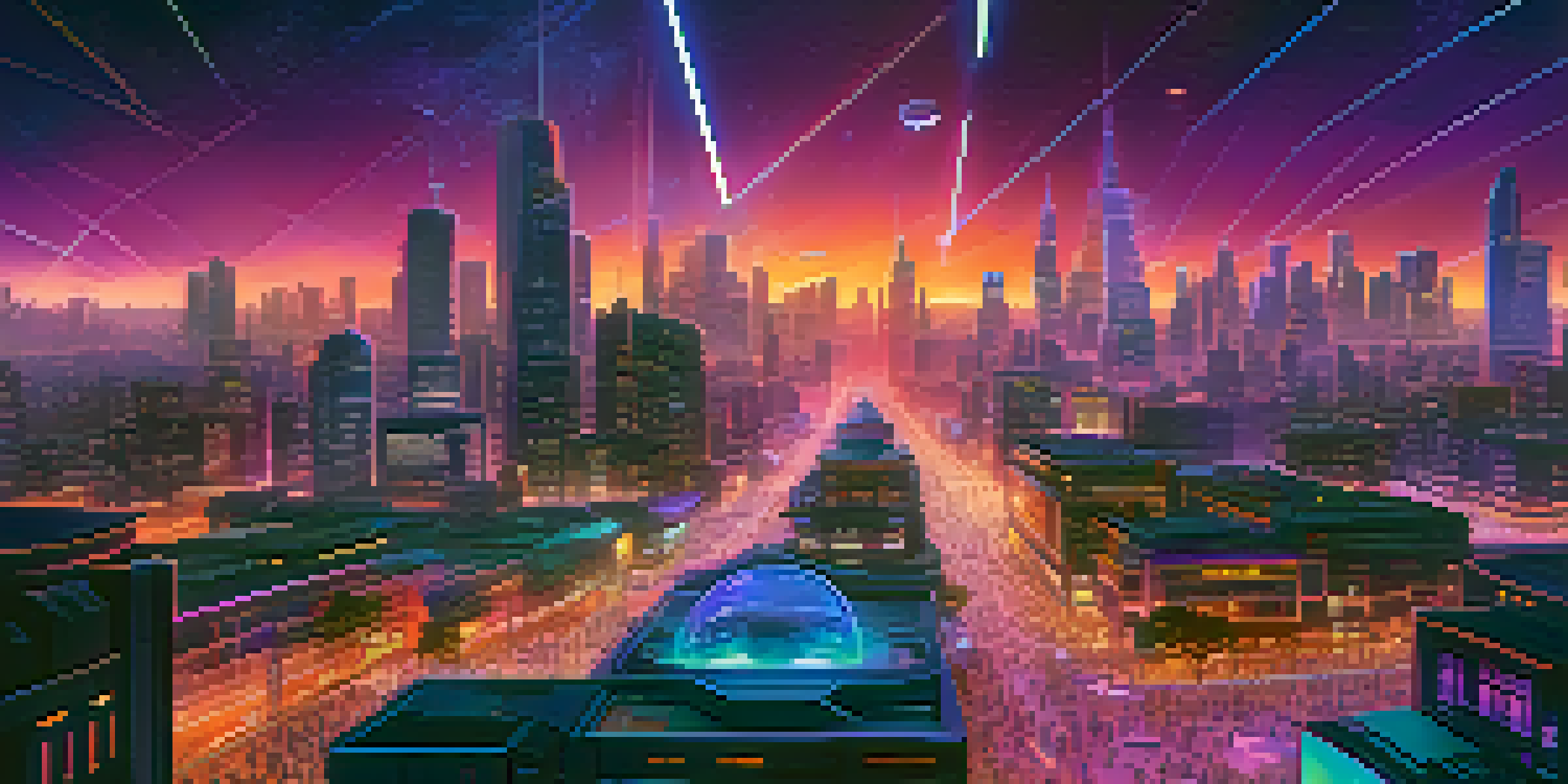 A futuristic cityscape with neon lights and diverse people interacting with holographic NFTs at dusk.