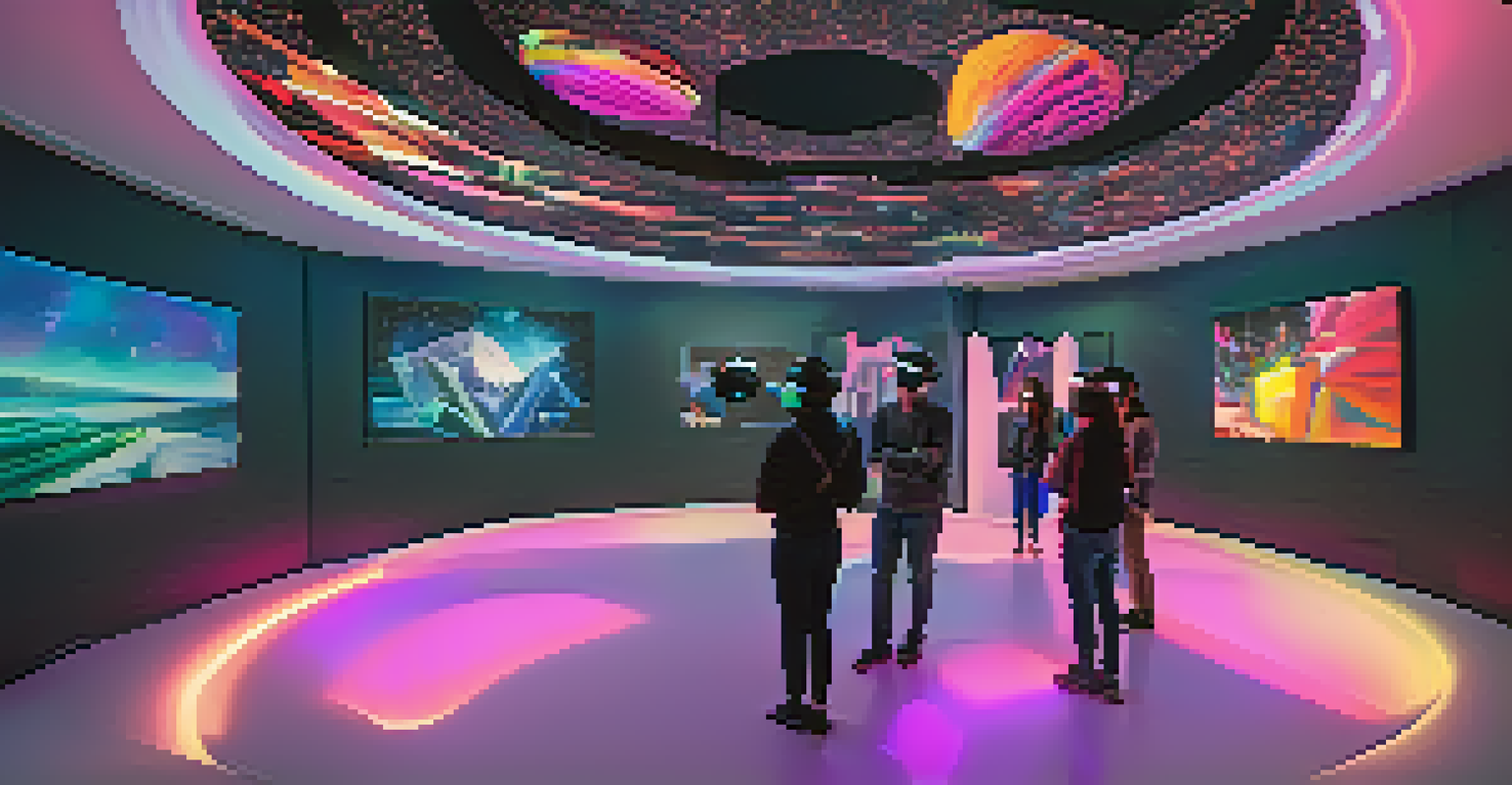 A virtual reality exhibition with people wearing VR headsets, surrounded by floating holographic art pieces in a colorful setting.