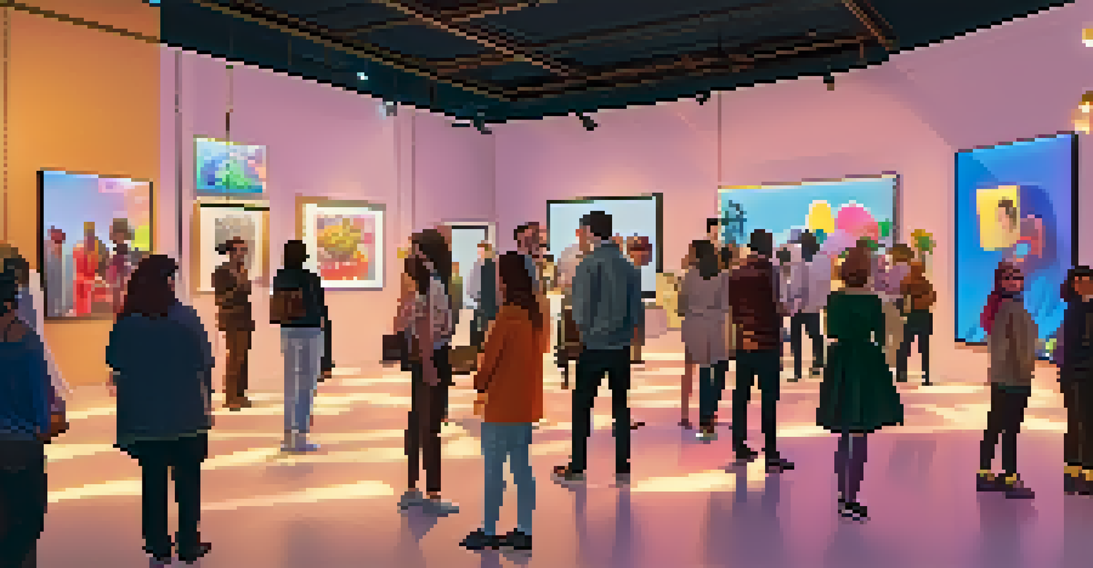 A virtual gallery opening with avatars socializing and viewing digital art.