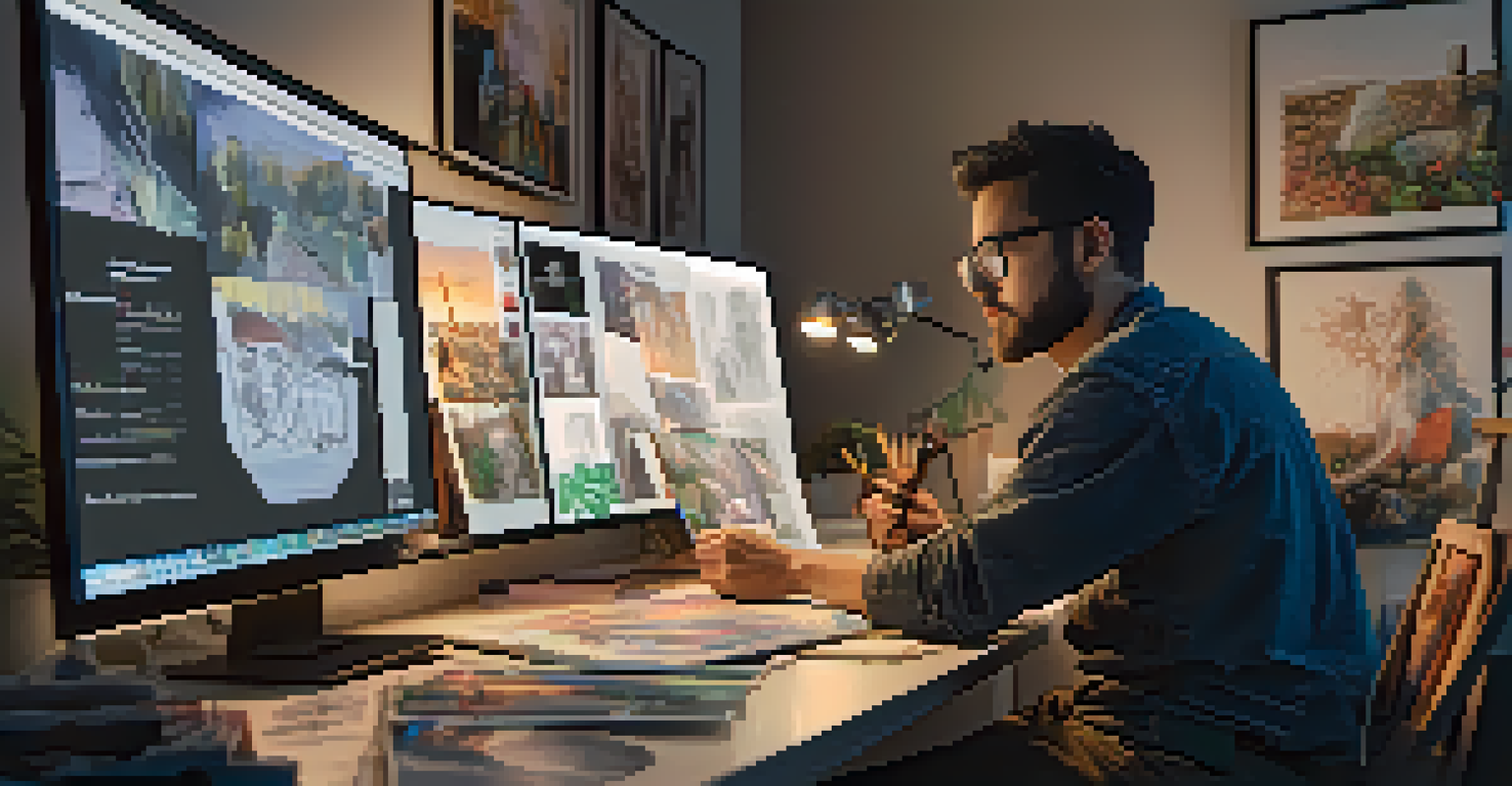 An artist in a virtual studio minting NFT artwork on their computer surrounded by sketches and digital tools.
