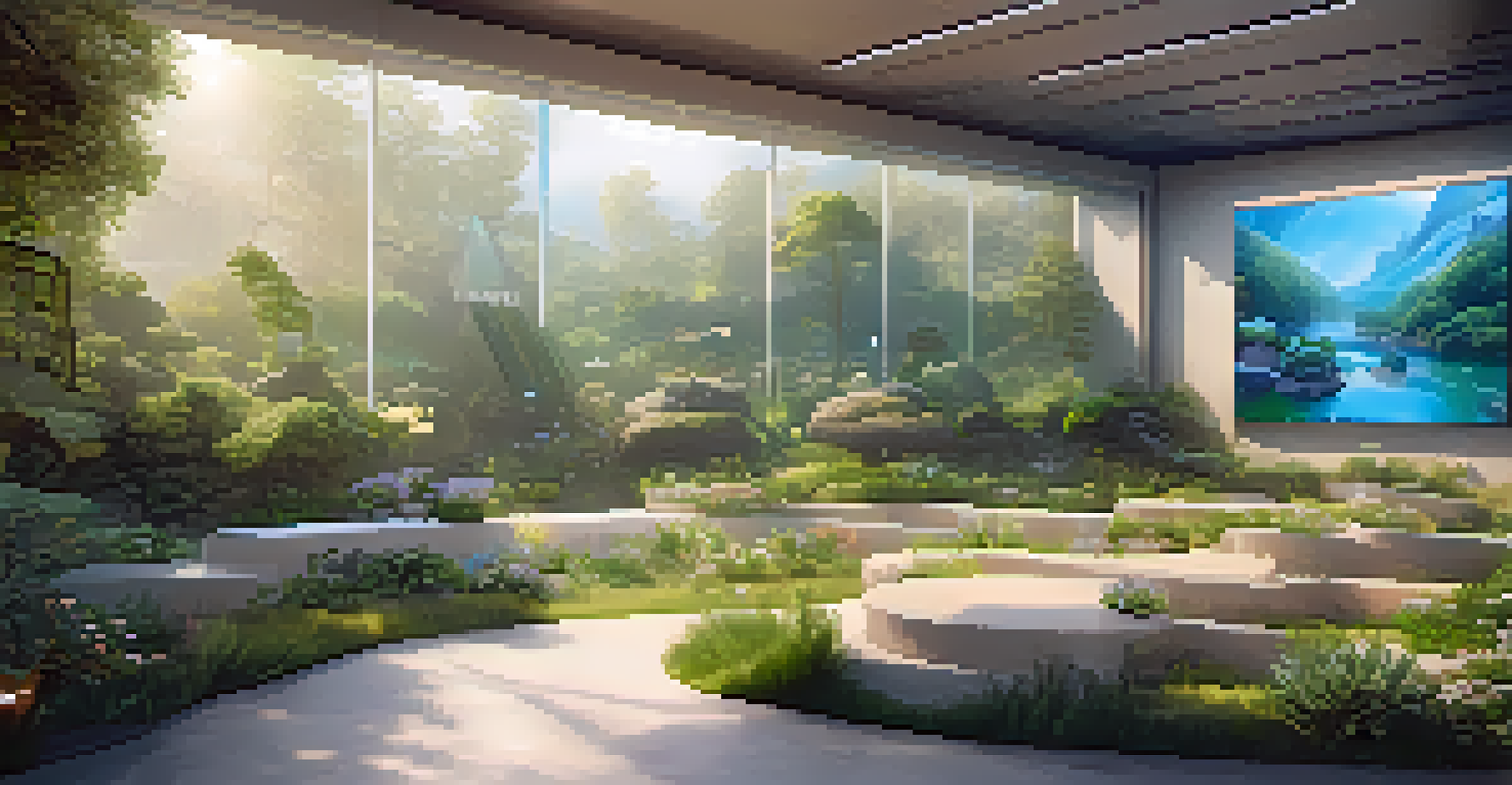 A digital gallery in a natural setting showcasing NFT art on floating screens, with greenery and sunlight enhancing the peaceful atmosphere.