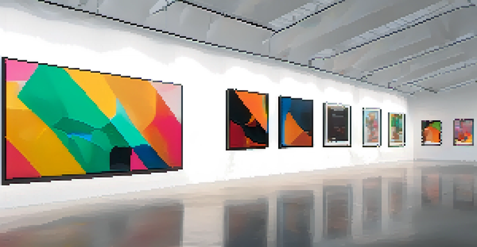 A modern digital art gallery filled with colorful NFT artworks displayed on screens, with visitors admiring the pieces in warm lighting.