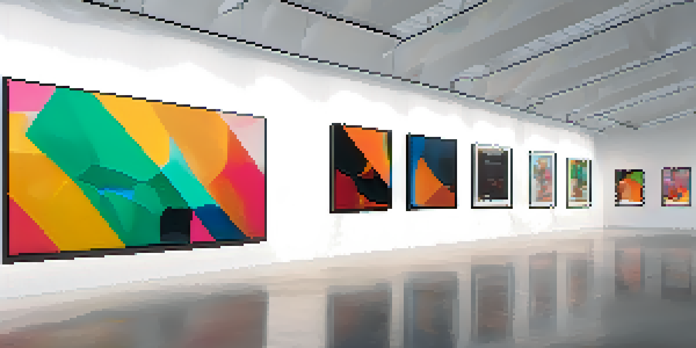 A modern digital art gallery filled with colorful NFT artworks displayed on screens, with visitors admiring the pieces in warm lighting.
