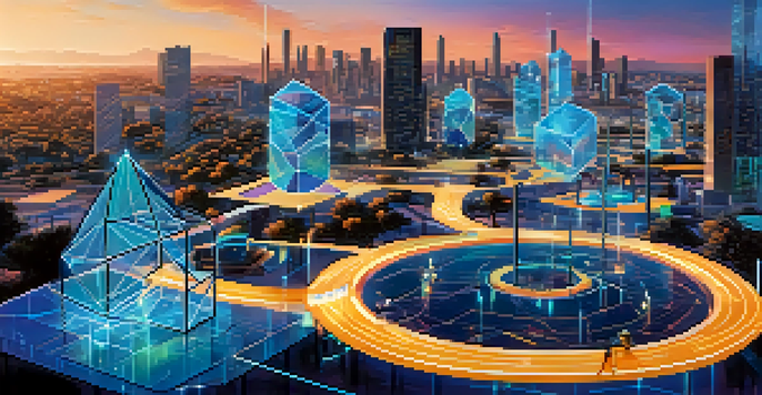 A colorful digital scene illustrating Decentralized Finance with futuristic buildings and people using devices.