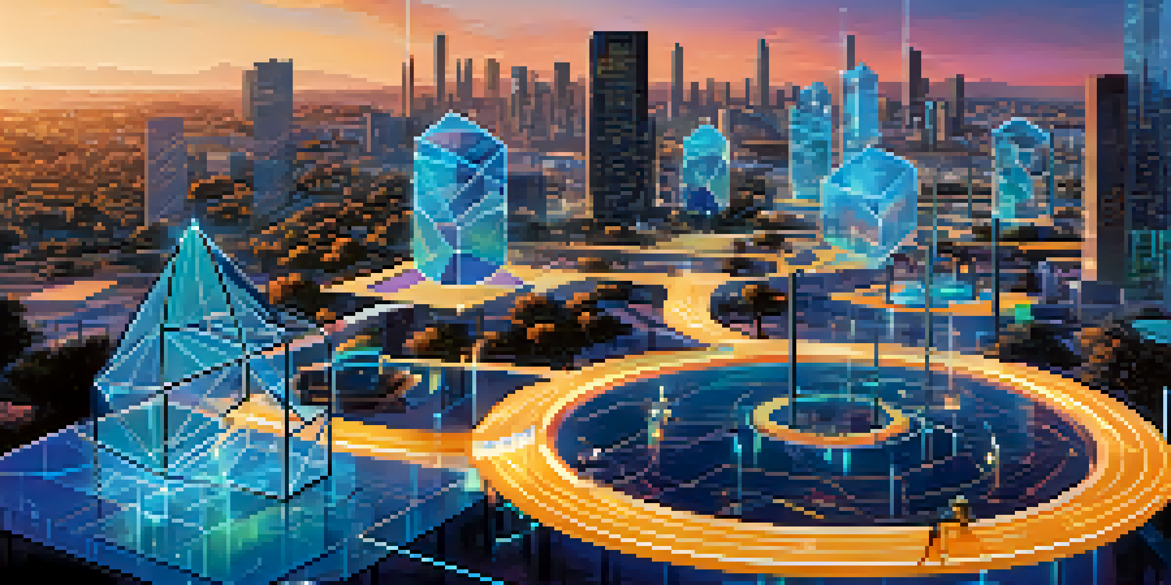 A colorful digital scene illustrating Decentralized Finance with futuristic buildings and people using devices.