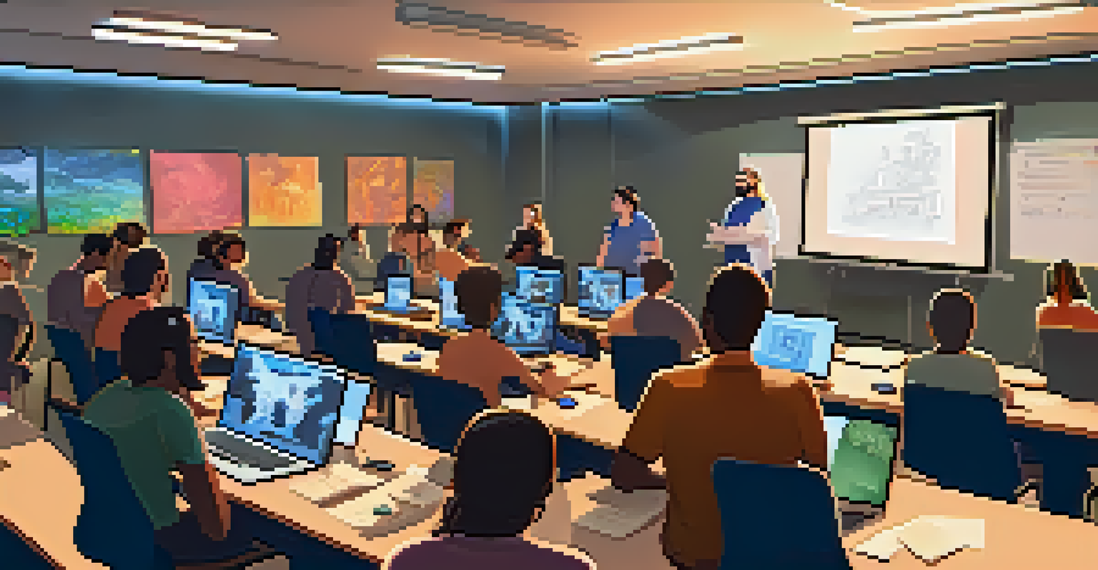 An educational workshop with a freelancer teaching about NFTs, participants engaged with laptops and projectors.