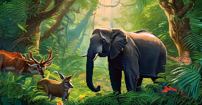 A colorful forest scene with endangered animals framed as digital artworks, showcasing unique NFTs.