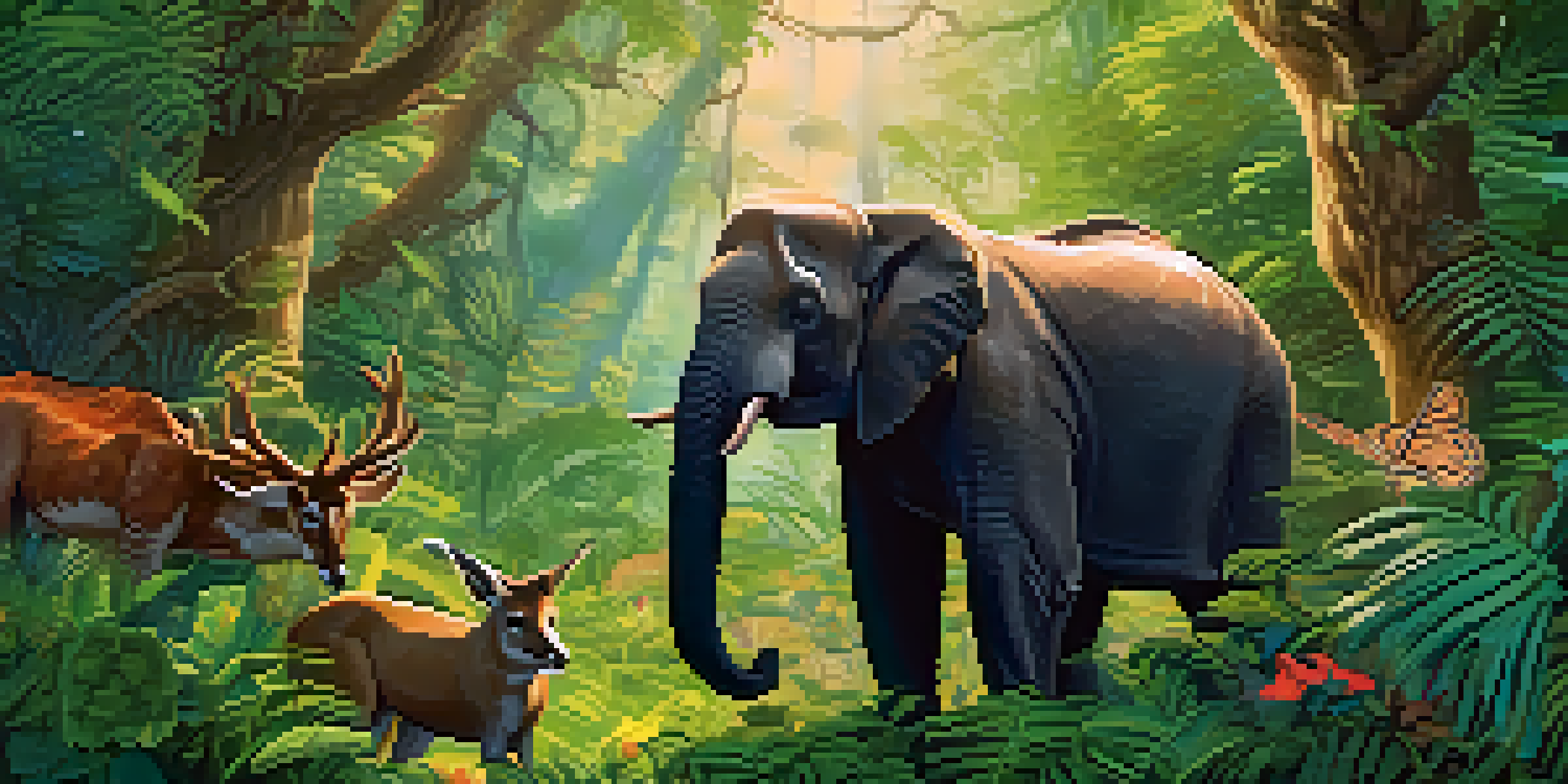 A colorful forest scene with endangered animals framed as digital artworks, showcasing unique NFTs.