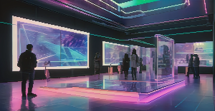 A futuristic digital marketplace with holographic art pieces representing NFTs, illuminated by soft blue and purple lights, and people interacting with the displays.