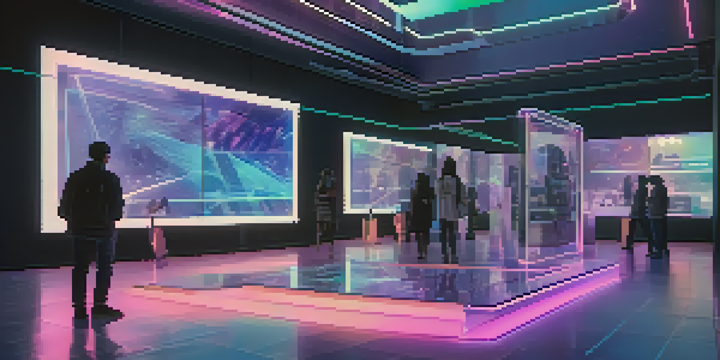 A futuristic digital marketplace with holographic art pieces representing NFTs, illuminated by soft blue and purple lights, and people interacting with the displays.