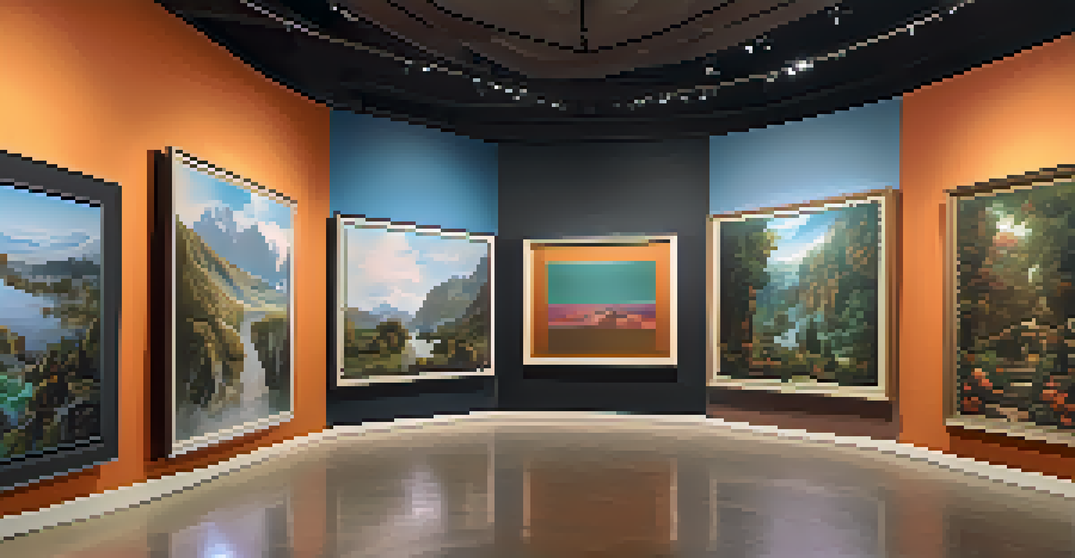A split image showing a traditional art gallery on one side and digital NFT artworks on the other, blending together.
