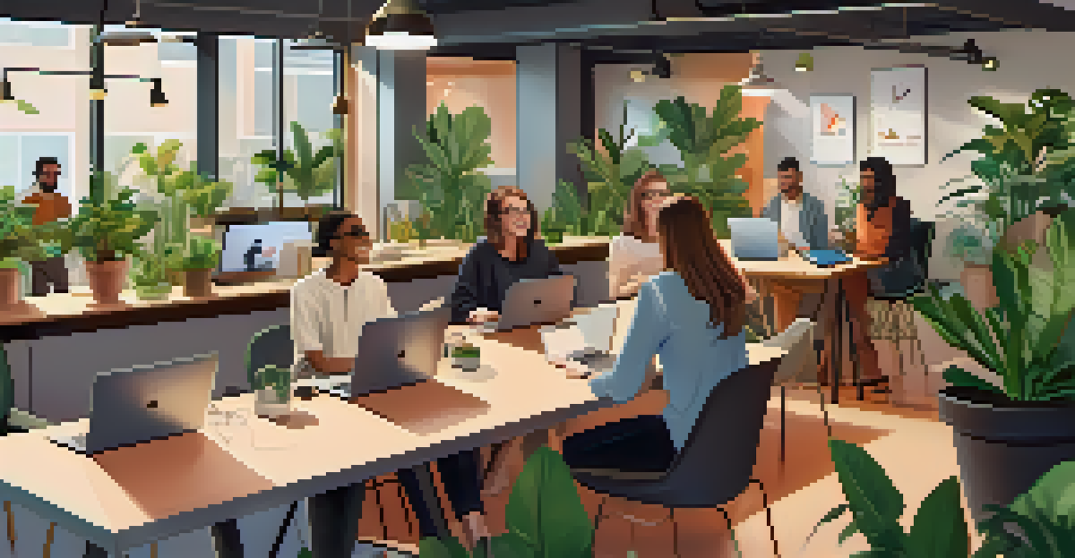 A diverse group of individuals engaged in a lively discussion about NFTs in a bright coworking space.