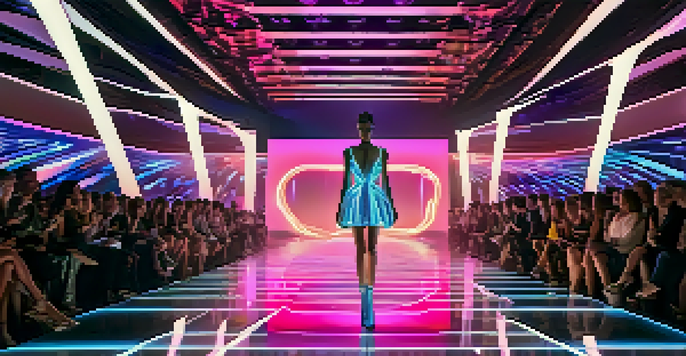 A virtual model in a futuristic dress stands on a digital fashion show stage, surrounded by avatars in the audience under soft neon lights.