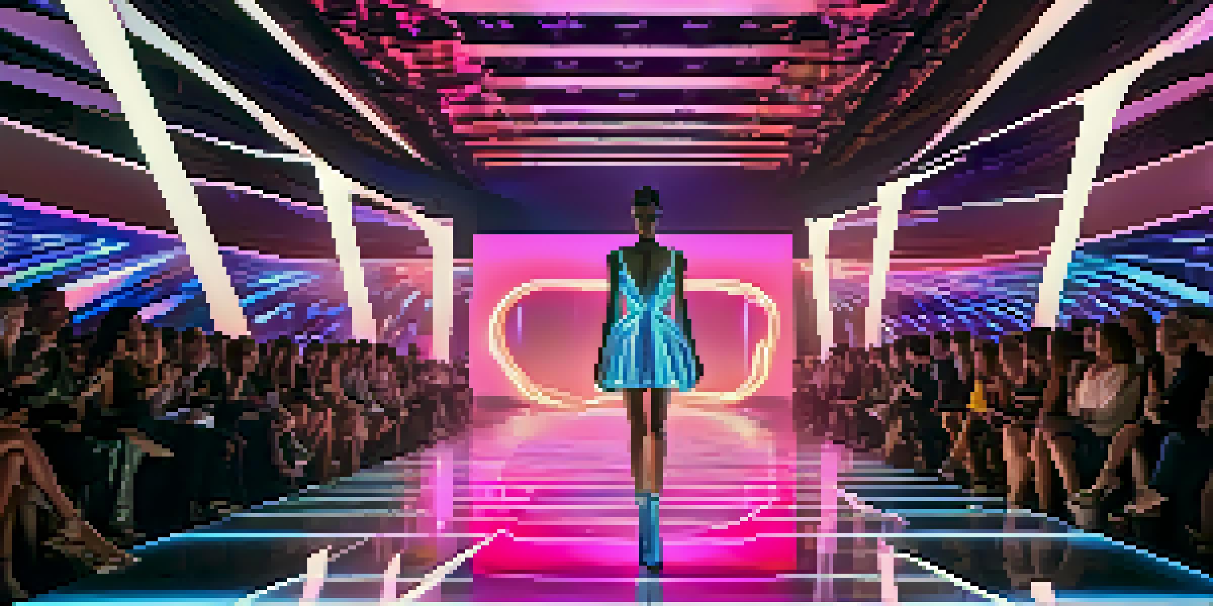 A virtual model in a futuristic dress stands on a digital fashion show stage, surrounded by avatars in the audience under soft neon lights.