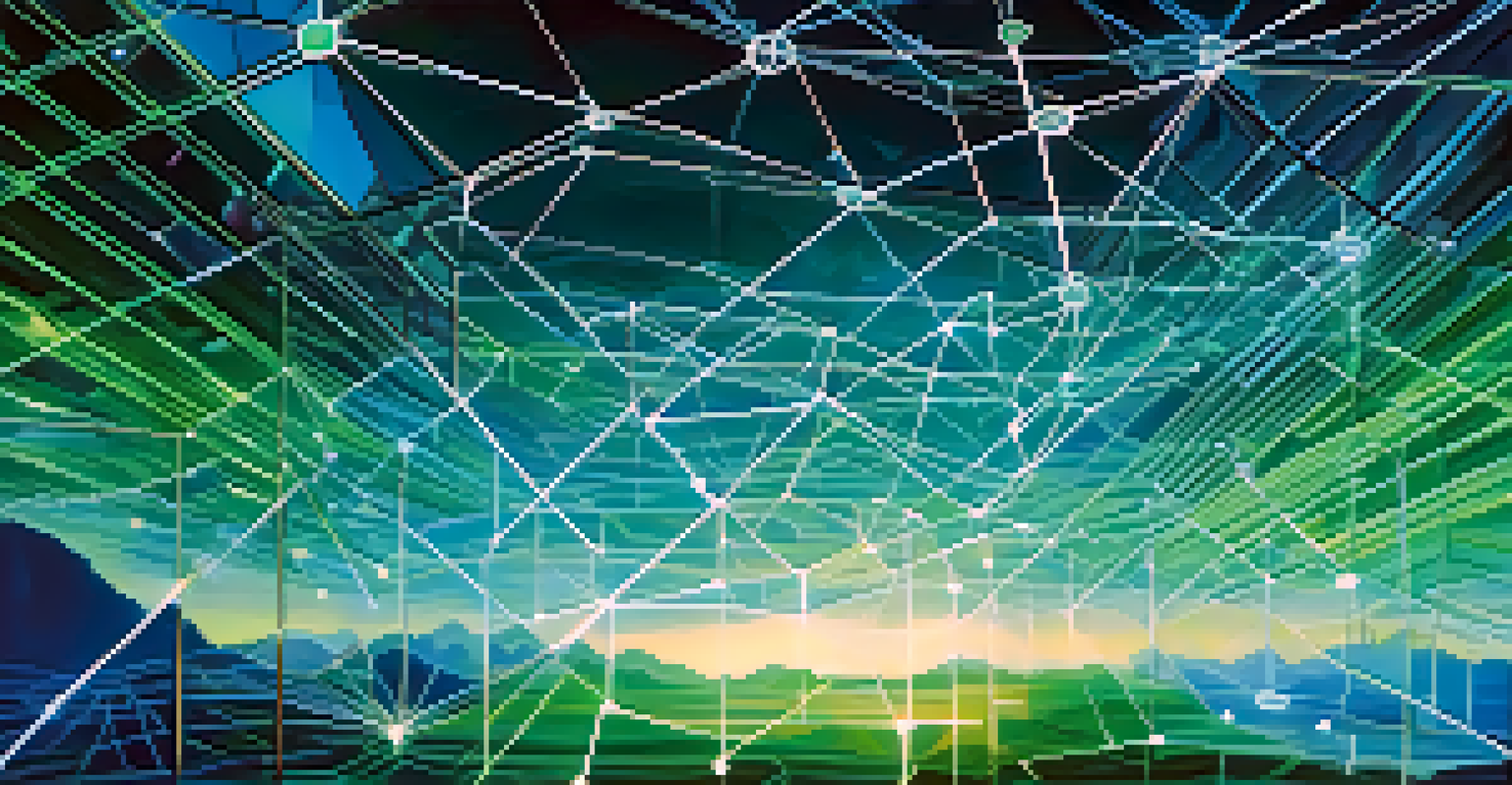 A close-up view of a glowing blockchain network with interconnected nodes and lines in blue and green against a futuristic digital landscape.