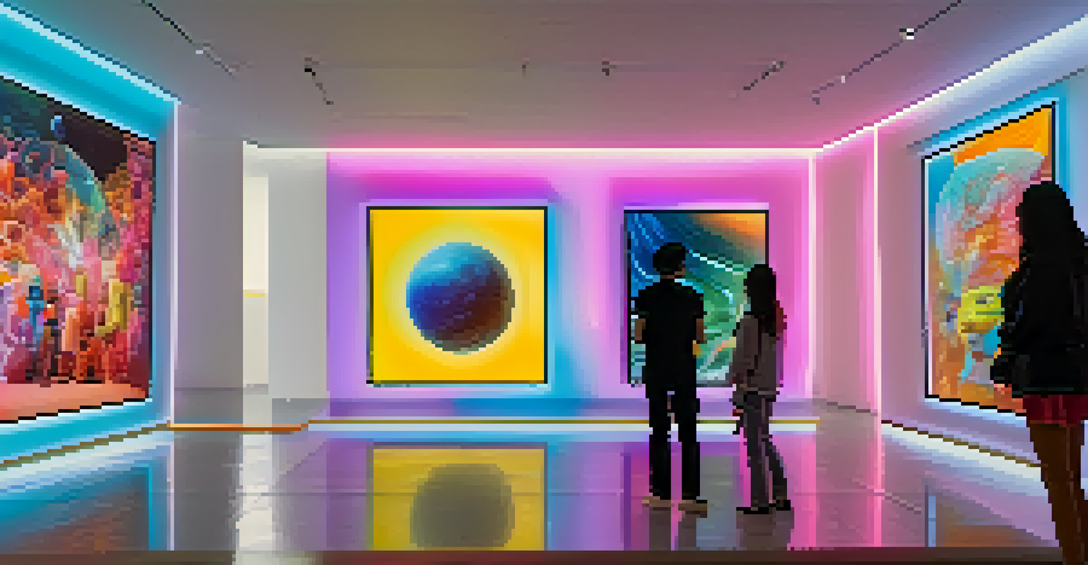 A virtual gallery showcasing diverse NFT artworks with modern design and ambient lighting.