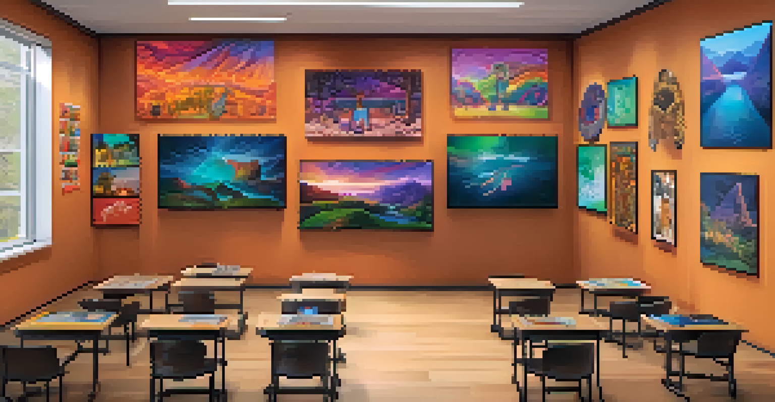 A virtual classroom with students exploring NFTs of indigenous art on tablets, surrounded by vibrant displays.
