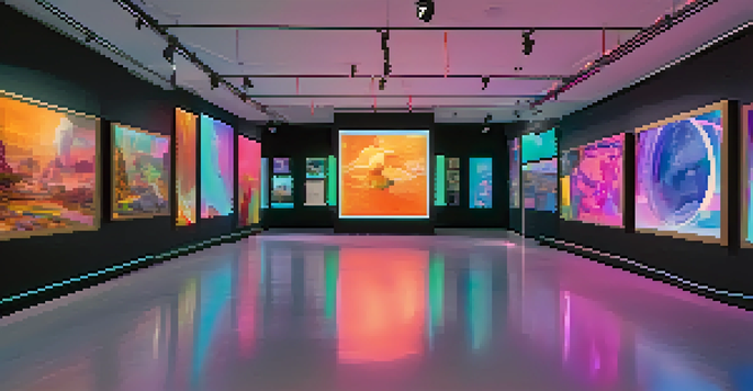 A digital art gallery filled with colorful NFT artworks displayed on screens, with visitors engaging through augmented reality.