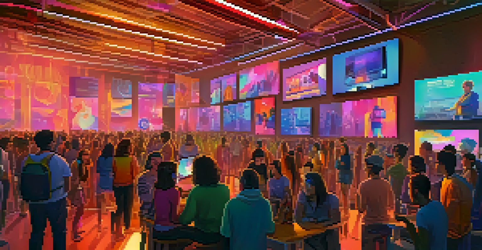 A virtual community event with people discussing digital art and NFTs in a colorful setting.