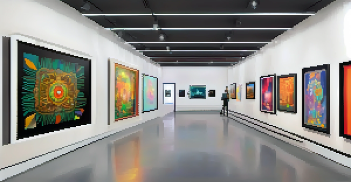 A virtual art gallery displaying colorful NFTs on screens, with warm lighting and visitors exploring the art.