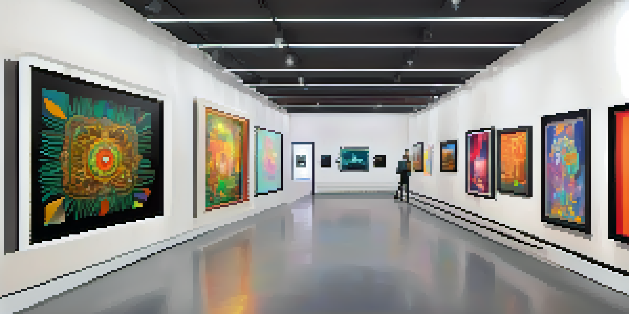 A virtual art gallery displaying colorful NFTs on screens, with warm lighting and visitors exploring the art.