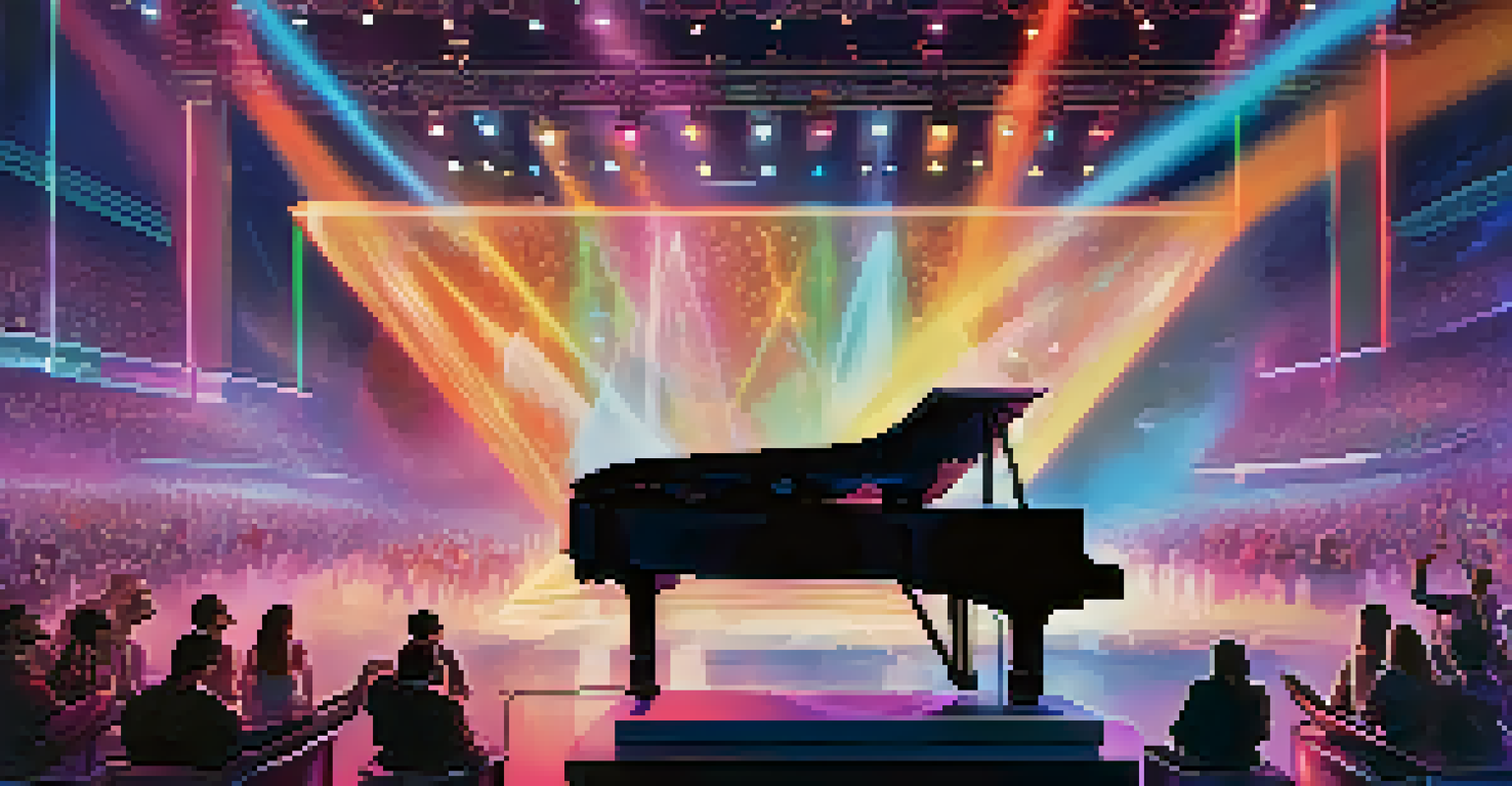 A futuristic virtual concert with a musician performing live in front of a digital audience.