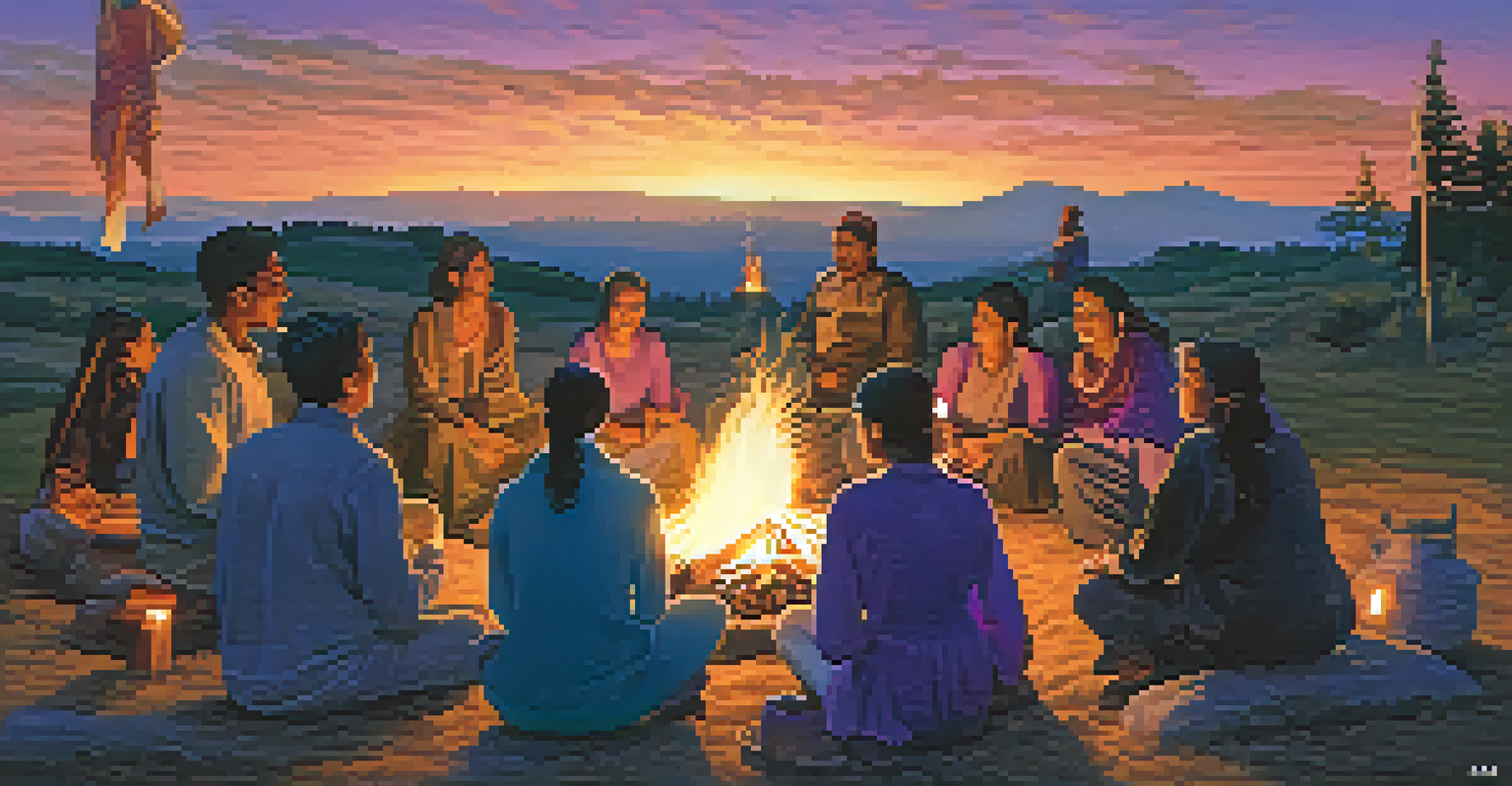 A community gathering around a fire at dusk, sharing stories and displaying artifacts.