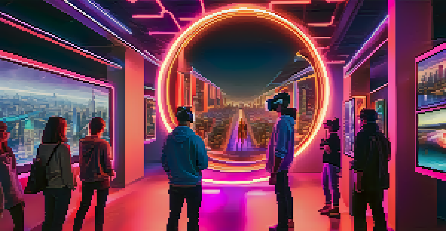 Users in a virtual reality gallery wearing headsets, exploring floating NFTs in a futuristic cityscape.