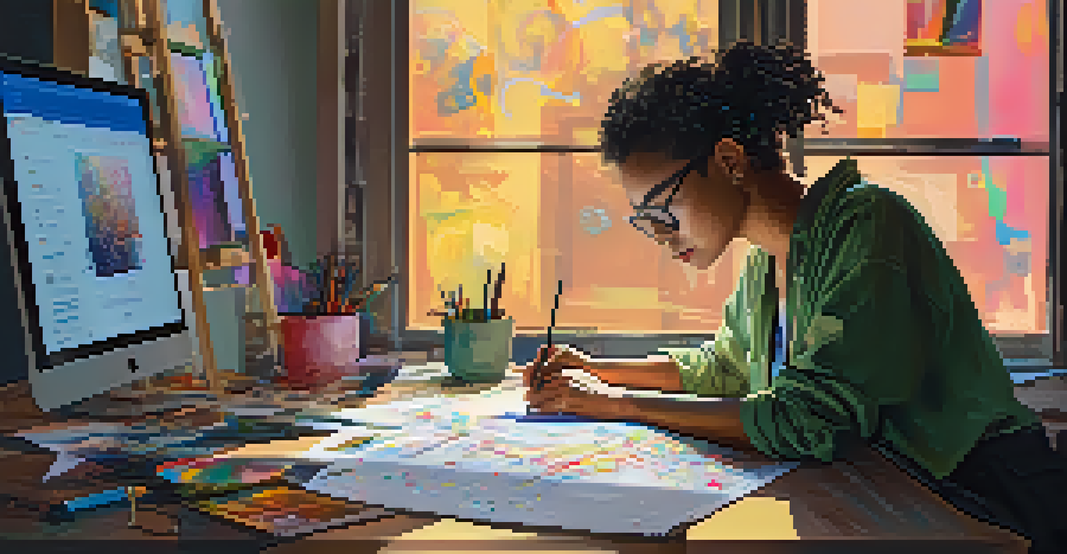 An artist creating digital artwork at a desk, surrounded by sketches and technology, illuminated by natural light.