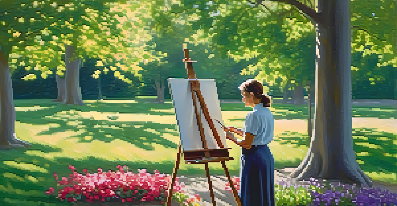 An artist painting on an easel in a sunny park, surrounded by greenery and colorful flowers, with sunlight filtering through the trees.