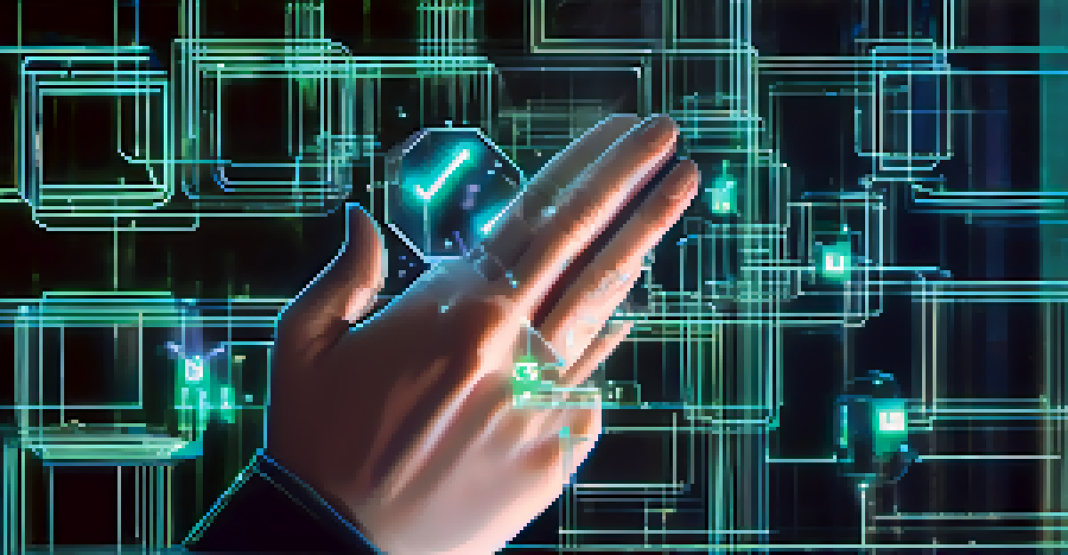 A close-up view of a glowing blockchain ledger on a screen with interconnected blocks and a hand pointing at it.