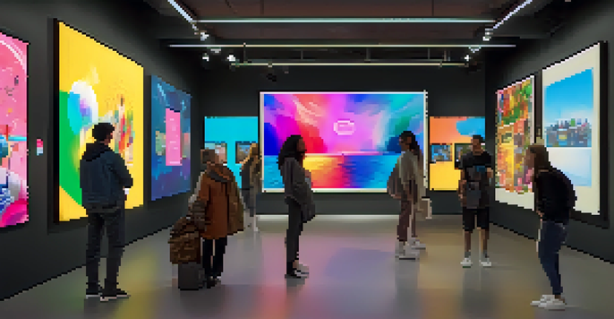 A bustling virtual art gallery filled with colorful digital artwork and engaged community members interacting with artists.