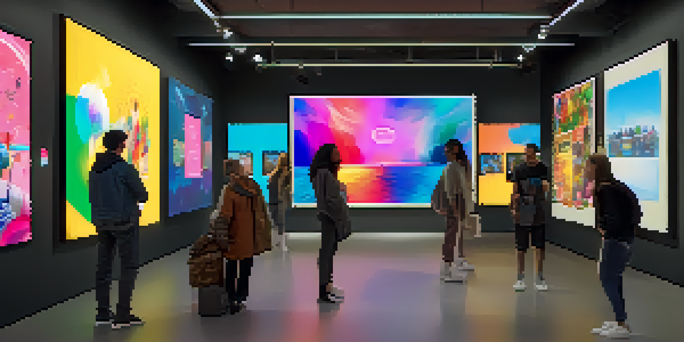 A bustling virtual art gallery filled with colorful digital artwork and engaged community members interacting with artists.