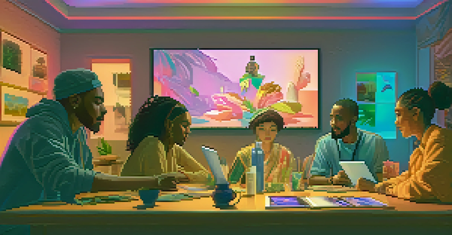 A diverse group of NFT collectors engaging in discussion about digital artworks, surrounded by glowing screens.